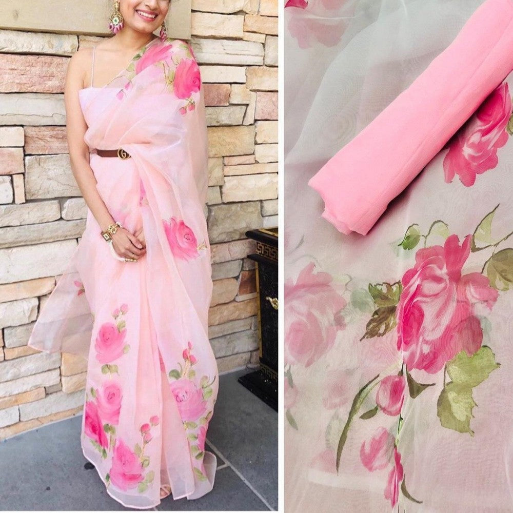 Lovely Baby Pink Colour Organza Saree