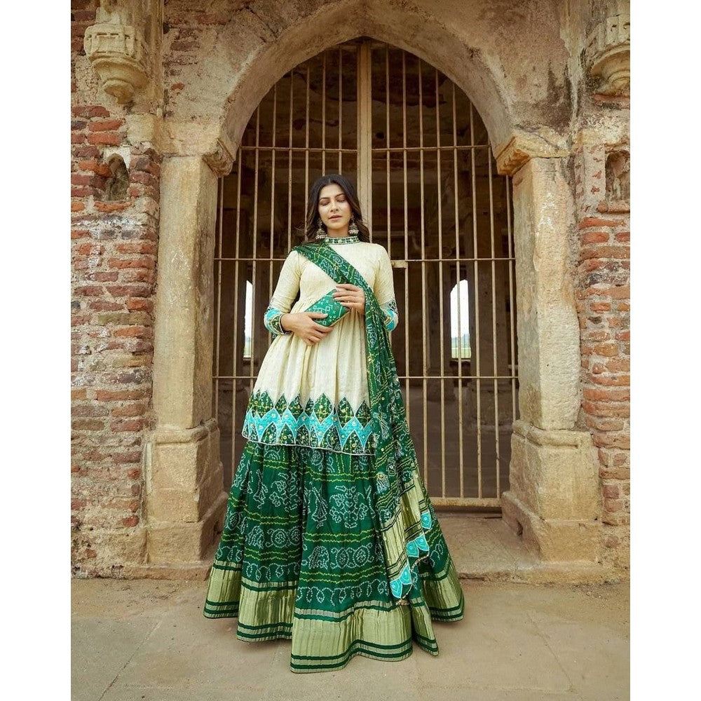 Dazzling Bandhani Style Unique Green Lehenga Choli