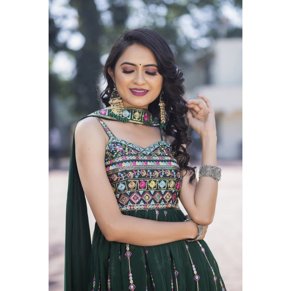 Green Georgette Plain Sharara With Sequence Work Top