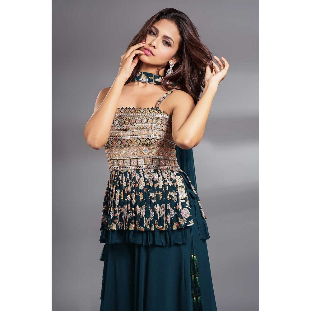 Ecstatic Peacock Blue Color Embroidery Work Trendy Sharara Suit