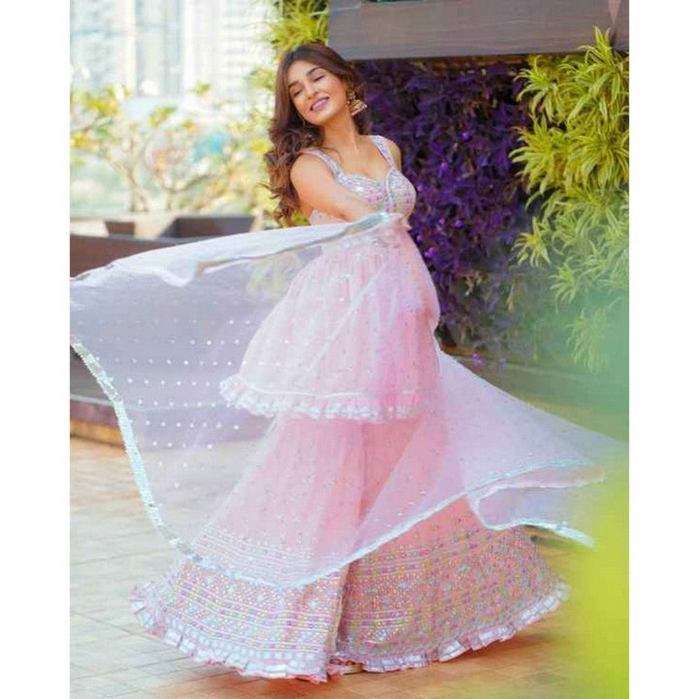 EID SPECIAL DRESS: Light Pink Georgette Wedding Wear Sharara Suit With Net Dupatta
